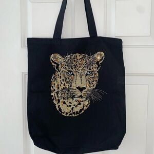 Black Tote Bag with Leopard Crystal Motif